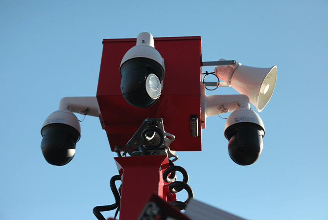 Image of the head of the OK-SEE's mobile security trailer with multiple cameras, a loud speaker, and more.